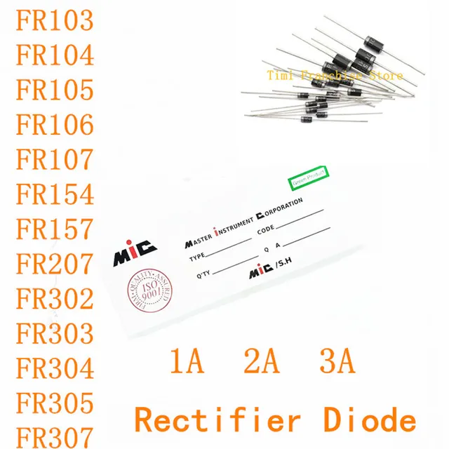 50 sztuk dioda prostownicza FR103 FR104 FR105 FR106 FR107 FR154 FR157 FR207 FR302 FR303 FR304 FR305 FR307 1A 2A 3A DO-41 DO-15