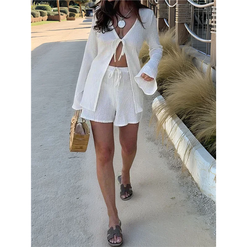 

NEW-Women's 2 Piece Outfits Summer Tie Front Bell Long Sleeve Tops And Elastics High Waisted Shorts Sets