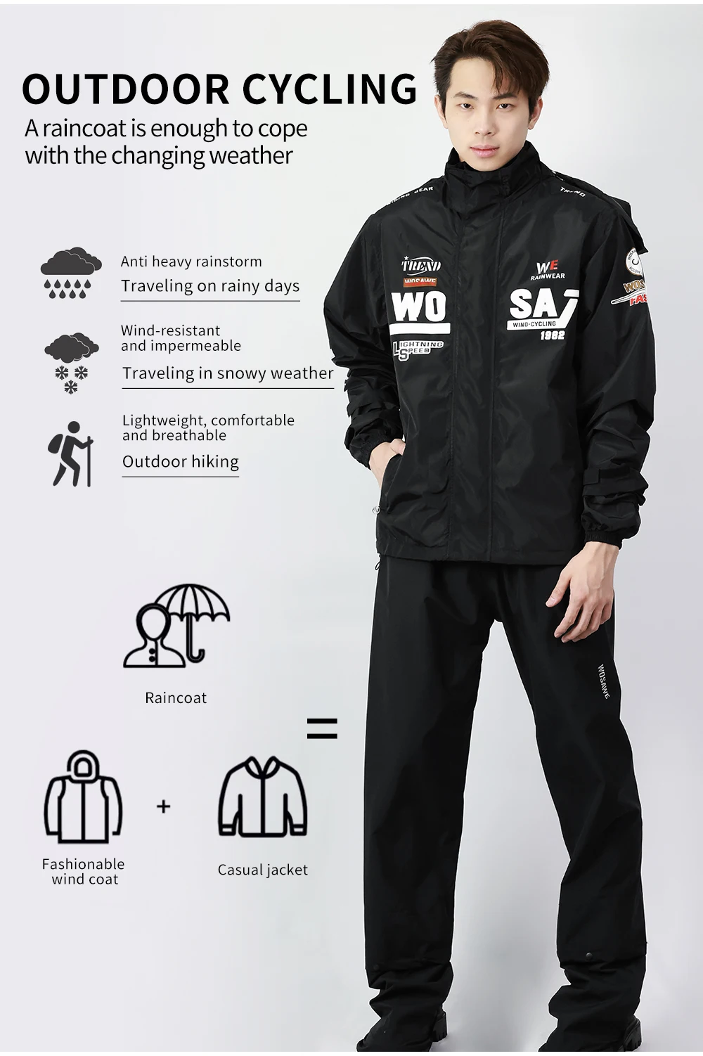 WOSAWE Raincoat Cycling Waterproof Jacket Hooded Lightweight Motorcycle Rain Jacket Breathable Reflective Outdoor Windbreaker