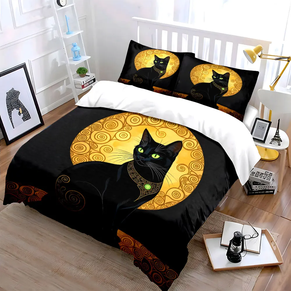 Black Cat with Golden Artistic Background Print Soft Comfortable Duvet Cover Bedding Set Included 1*Duvet Cover 2*Pillowcases