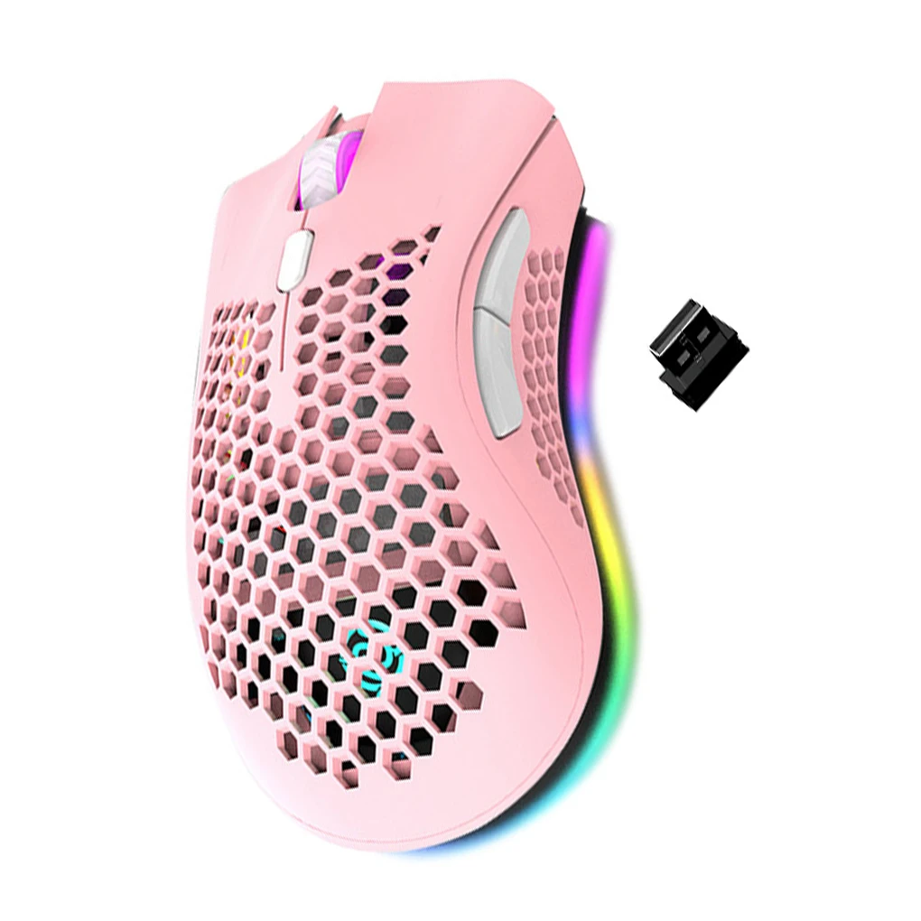 Gaming Mouse Wireless Hollow Game Mouse Adjustable Rechargeable Computer Accessory with RGB Light, Pink