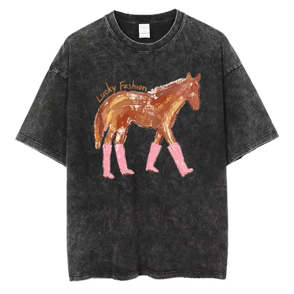 Vintage Horse Graphic Washed T Shirt Women Cute Pink Boots Pony PrintTee Funny Western Style Casual Streetwear Top