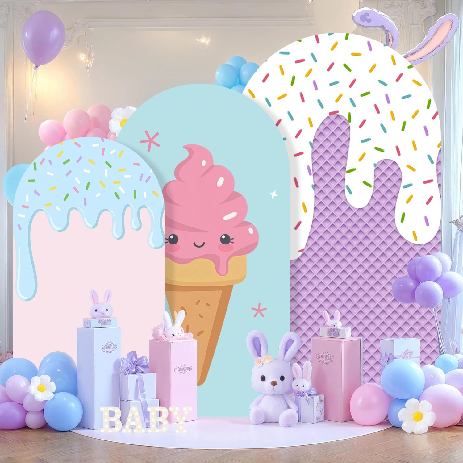 

Фон для фотосессии в форме арки с мороженым и печеньем для девочек: на день рождения, для портретов, для детского праздника, для сладких десертов