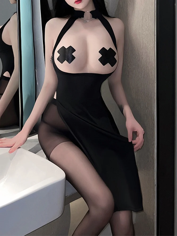 Sexy Lingerie Corset Hollow Out Fitting Hip Wrap Pajama Dress Set Women\'s Hot Strap Uniforms Temptation Nightwear Exotic Dress