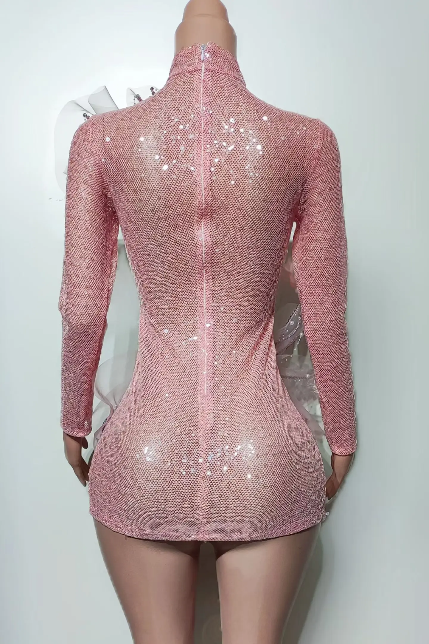 

Pink Sequin Long Sleeve Sexy Mini Dress High Neck Bodycon With Sparkly Rhinestone Tulle Flower Decor Performance Party Outfit
