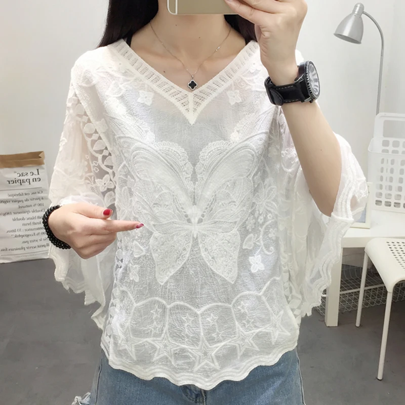 Haftowana koronkowa biała koszula Kobieta Lato 2024 Rozkloszowany rękaw Elegancka bluzka damska Blusas Casual O-neck Tops Odzież damska 25897