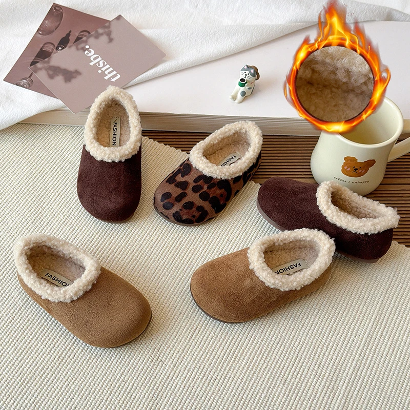 

Children's Padded Warm Cotton Shoes 1-15 Years Old Leopard Fashion Boys Girls Fur Shoes Lightweight Non-slip Kids Baby Shoes