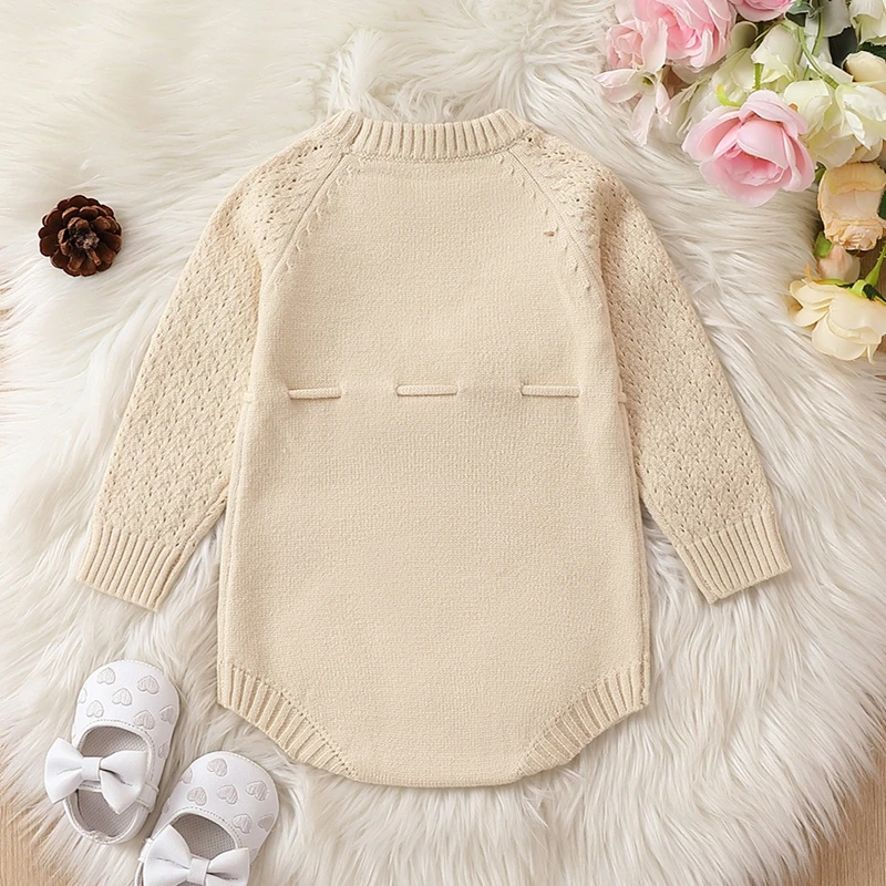 Suefunskry Baby Sweater Romper Solid Color Long Sleeve Round Neck Tie-up Front Knit Bodysuit Infant Fall Winter Outfit