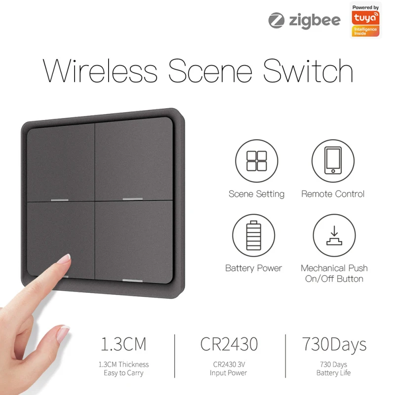 Tuya ZigBee 4Gang Wireless Smart Switch 12Scene One-key Linkage Wall Push Button Panel Switches APP Remote Control Via SmartLife