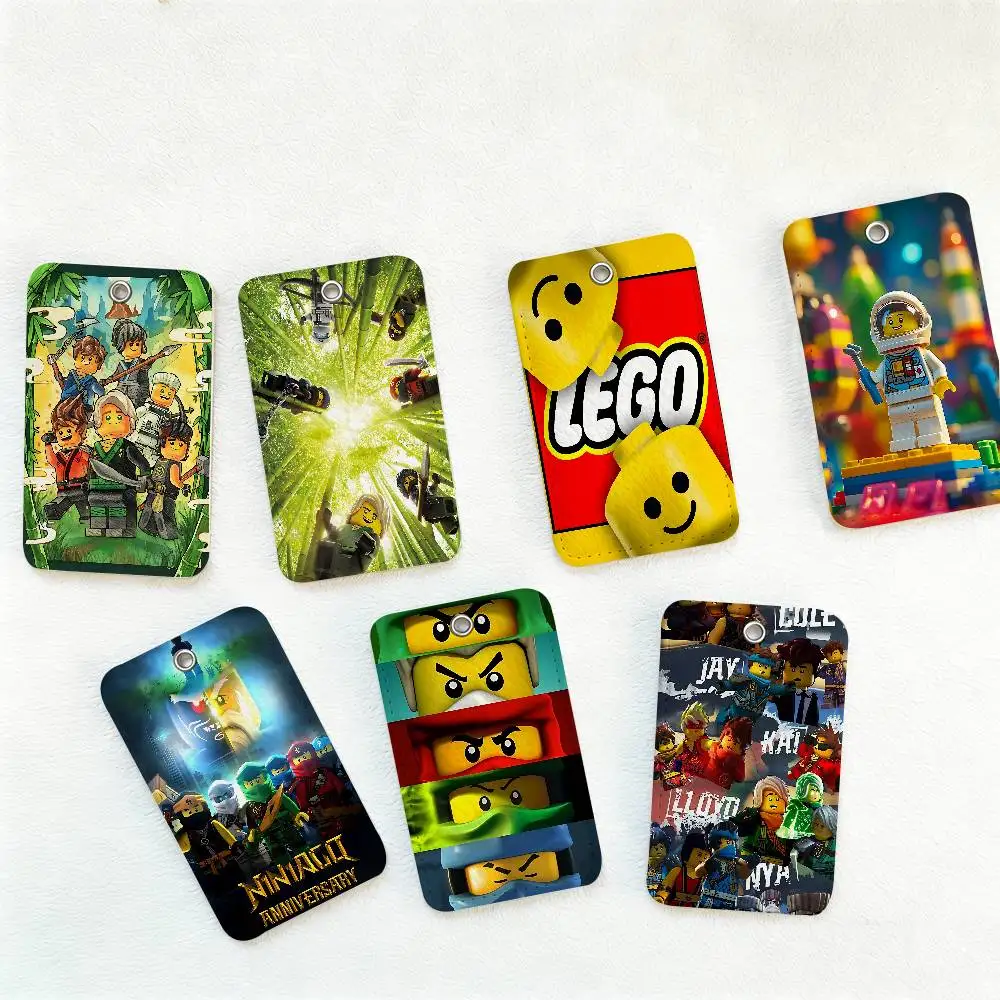 Cartoon Abstract Fun L-legos 1Pc Access Card Case Leather Card Holder Keychain Key Ring Door Access Tags ID Card Case Keychain