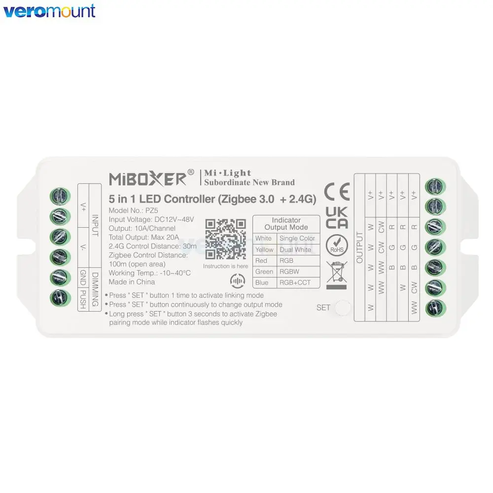 MiBoxer DC12-48V PZ2 2IN1 PZ5 5IN1 Zigbee 3.0 + 2.4G RF LED Controller Max 20A For Single/Dual White /RGB/RGBW/RGB+CCT Led Strip