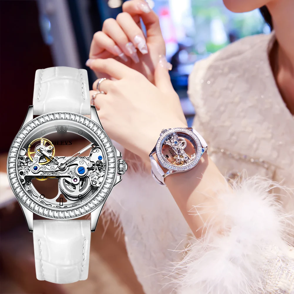 OLEVS Fashion Creative Hollow Design Watch Women Top Brand Luxury Automatic Mechanical Waterproof Women\'s Watches reloj mujer