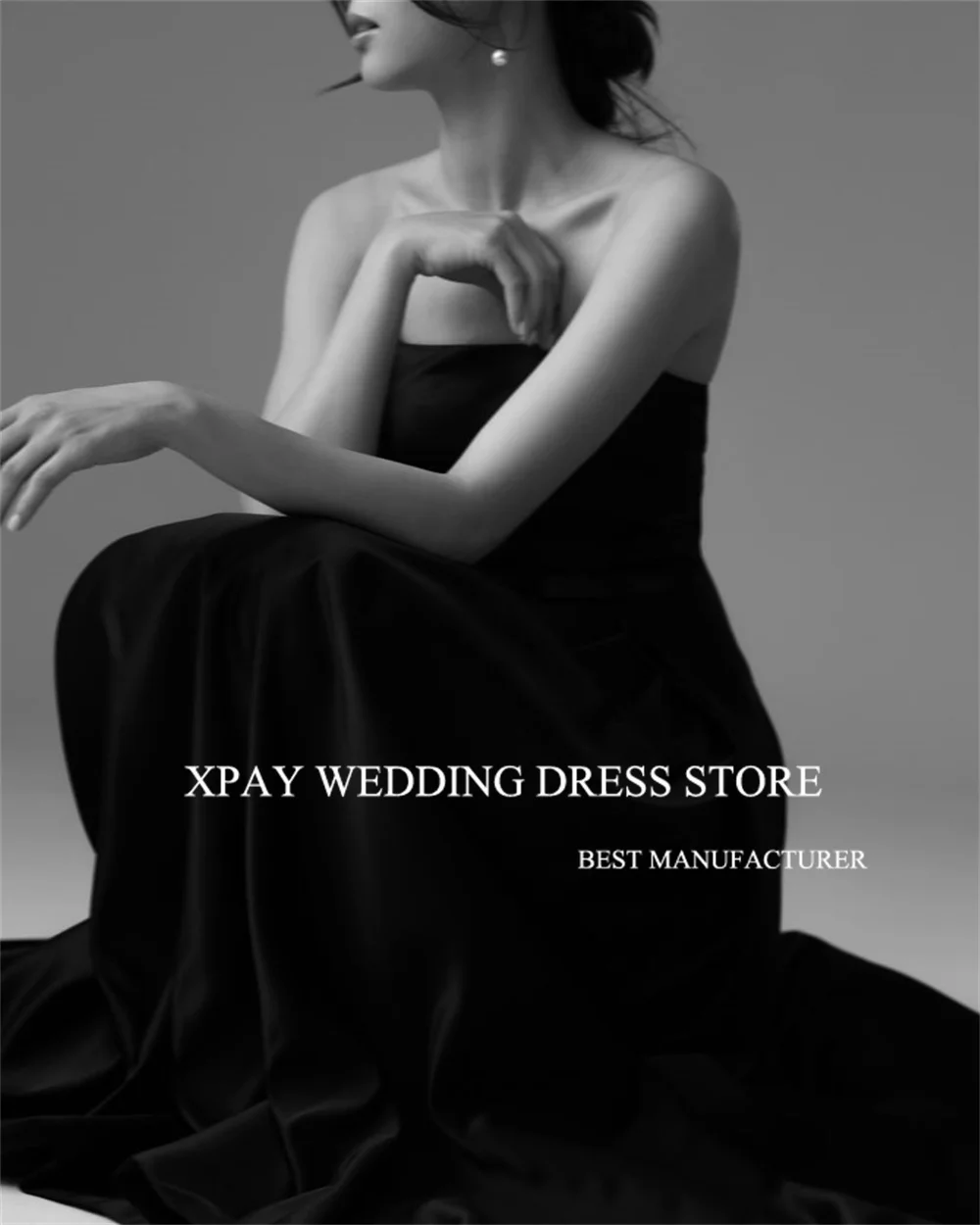 XPAY Black Simple Evening Party Dresses Elegant A-line Strapless Prom Gown Draped Sleeveless Photo Shooting Dress Custom Made