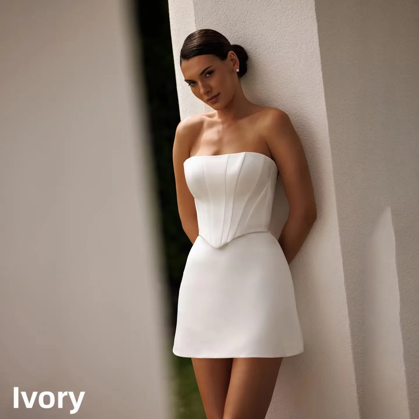 New Strapless Mini Satin Wedding Dress Corset Lace Up Back Tulle Train Elopement Bridal Party Reception Vestido De Novia Beach