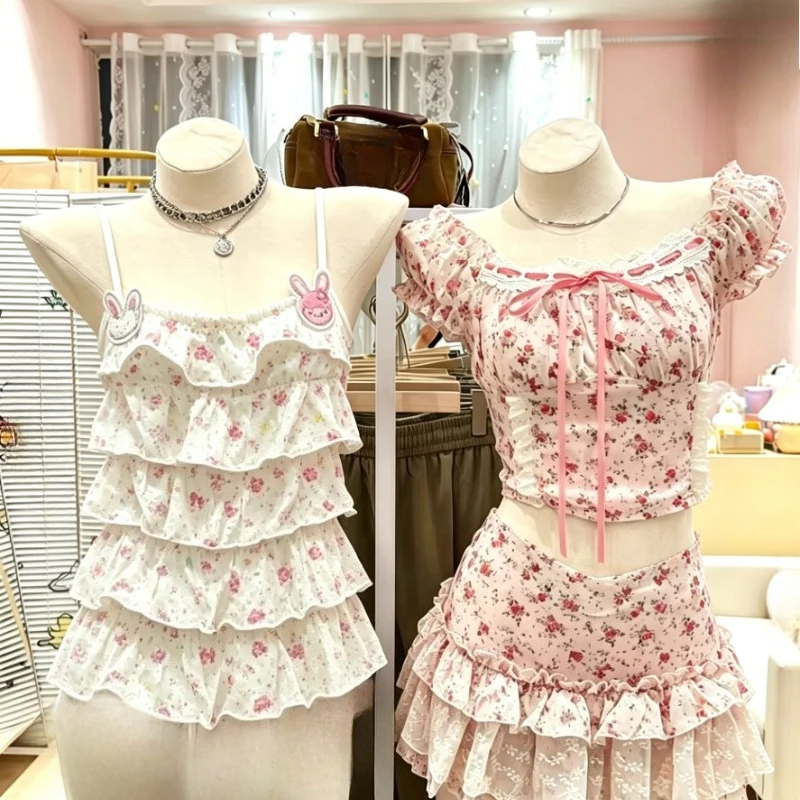 Vintage Japanese Kawaii Cute Print Two Piece Tops Women Short Sleeve T Shirt And Slim Sling Camisole Casual Holiday Outfit