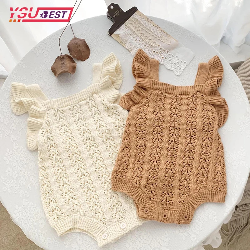 

Spring Newborn Baby Girl Boy Bodysuit Knitted One-Pieces Solid Ruffled Jumpsuit Sleeveless Overalls Spring Baby Sunsuit Clothing