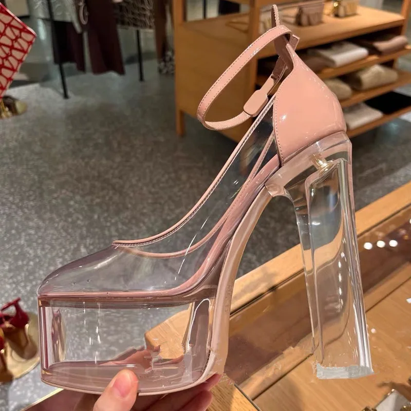 

Новые женские сексуальные босоножки на толстом каблуке 14 см, прозрачные босоножки на толстом высоком каблуке с круглой головкой, модные женские туфли на высоком каблуке для свадебной вечеринки