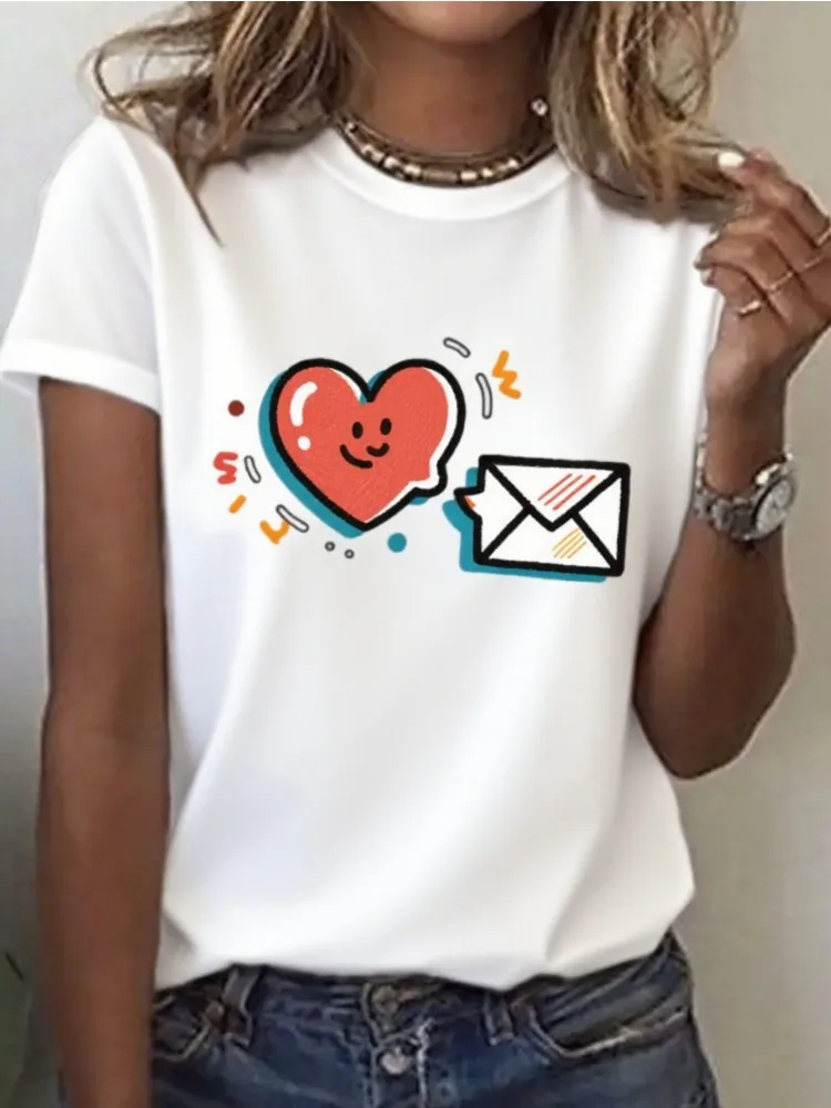 Womens Patterned T-Shirt: Adorable Heart-Shaped & Envelope Print Top Casual Everyday Style & Valentine Day Outfit Playful Design