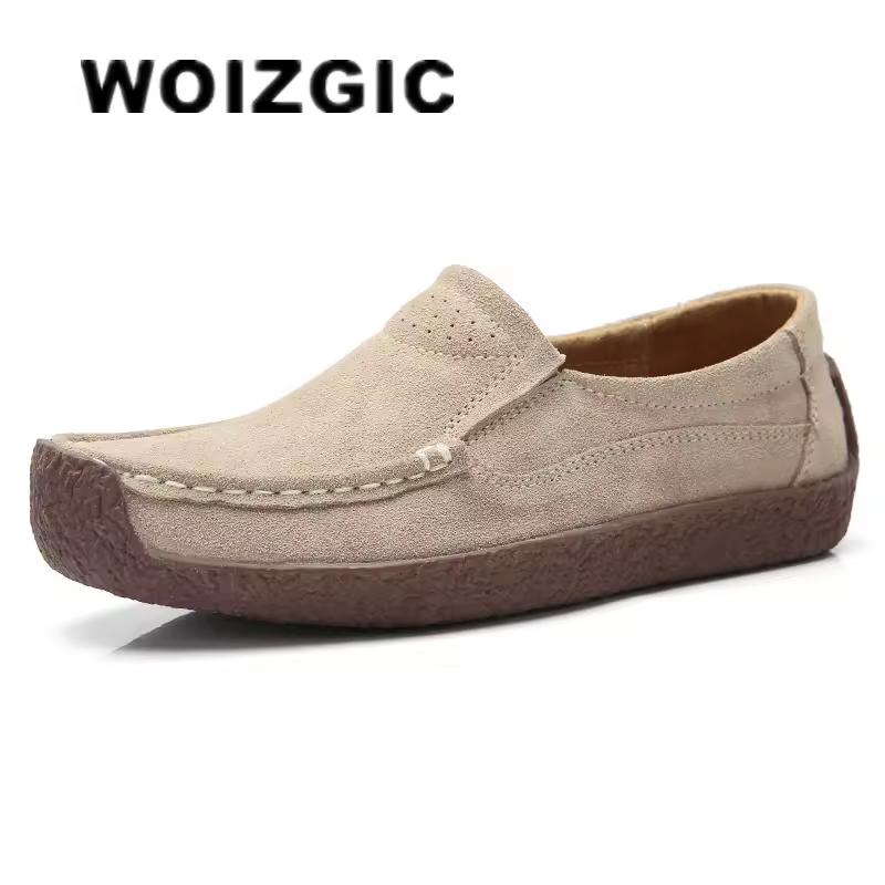 WOIZGIC Gril נשי נשים של פרה זמש עור אמיתי נעלי דירות להחליק על אישה גברת ופרס להחליק על Mocasines Mujer AM-526