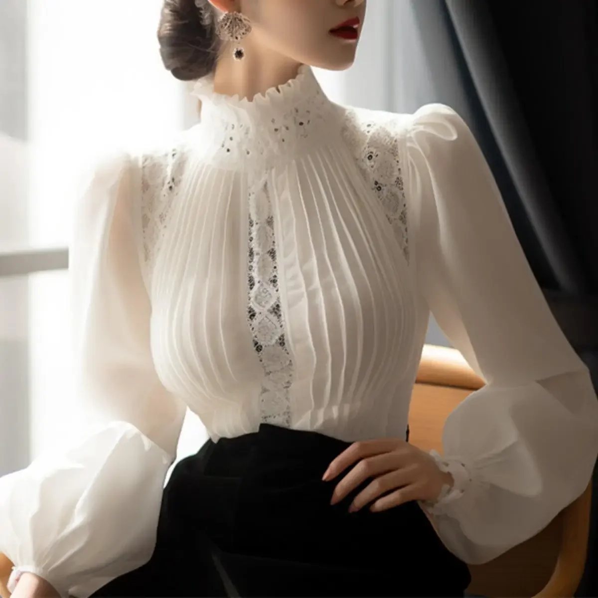 2024 New Spring White Puff Sleeve Stand Collar Top Women's Blouse Fashionable And Elegant Female Clothing