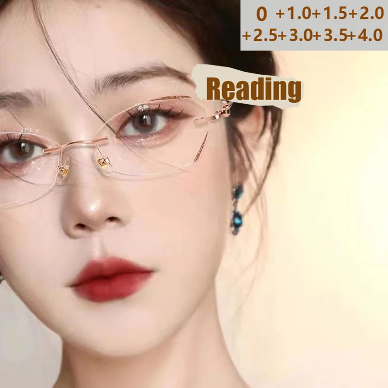 Neue Stil Feine Glitter Rahmenlose Rand-cut Lesebrille Anti-blau Licht Elegante Temperament frauen Lesebrille 189