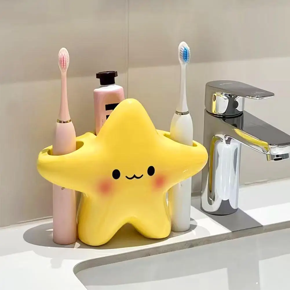 Cute Star-Shaped Toothbrush Holder Freestanding Bathroom Organizer with Cute Face Design, Space-Saving Toothbrush & Toothpaste