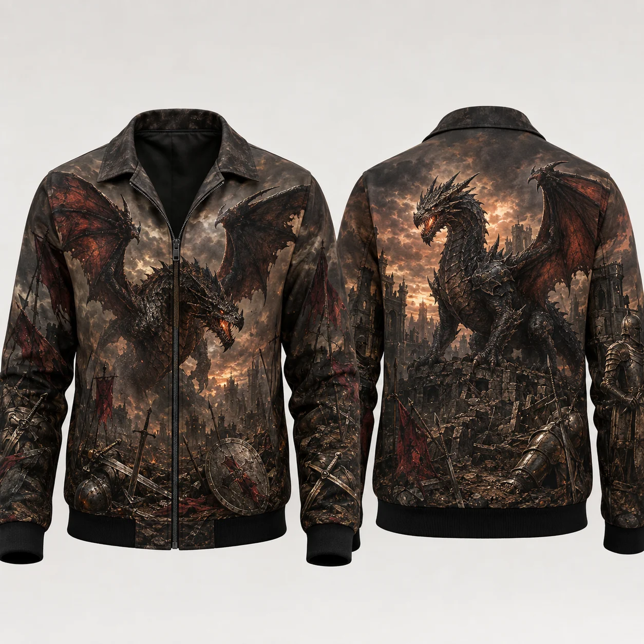 Men Fire Dragon 3D Print Jacket Lava Castle Fantasy Graphic Jackets Medieval Gothic Coat Zip Up Streetwear Dragon Lover Casual