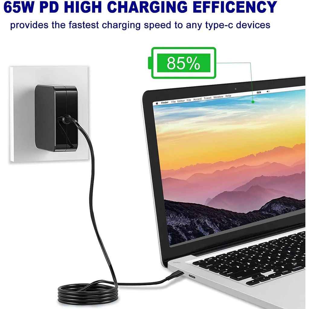 65W USB C Power Adapter Type C Power PD Wall Fast Charger Fort Mac Book Pro, Dell Latitude, Lenovo, Huawei Matebook, HP Laptops