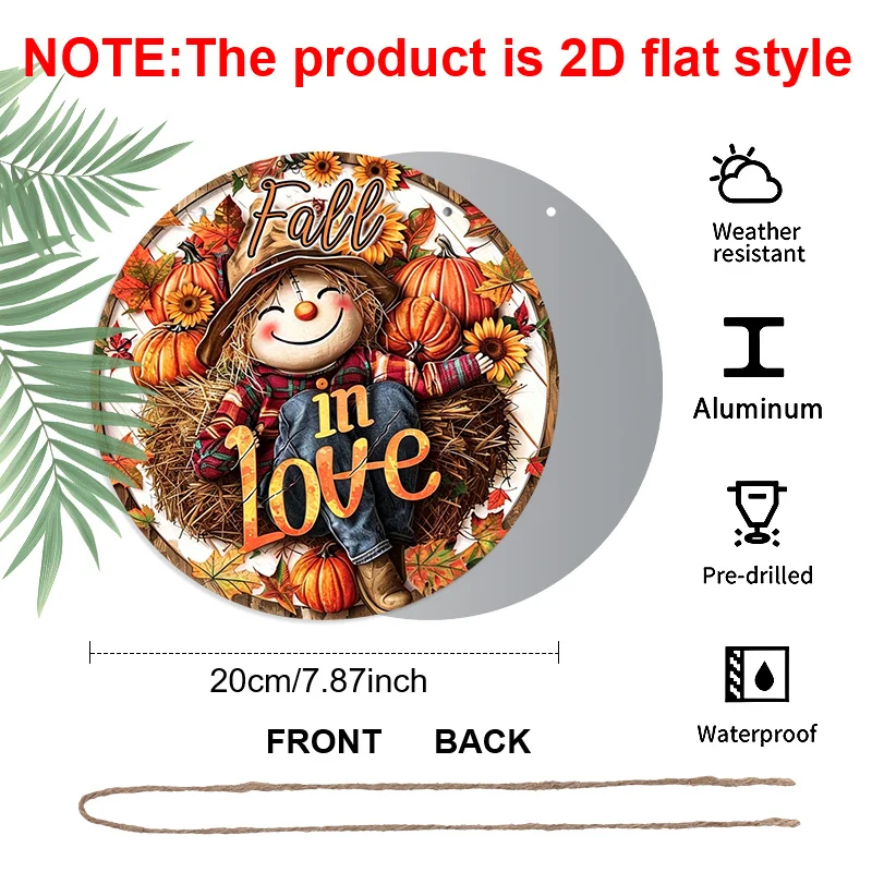 2D Flat, 1pc Vintage Fall in Love Scarecrow & Pumpkin Round Aluminum Sign - Rustic Autumn Farmhouse Wall Decor with Pre-Drilled