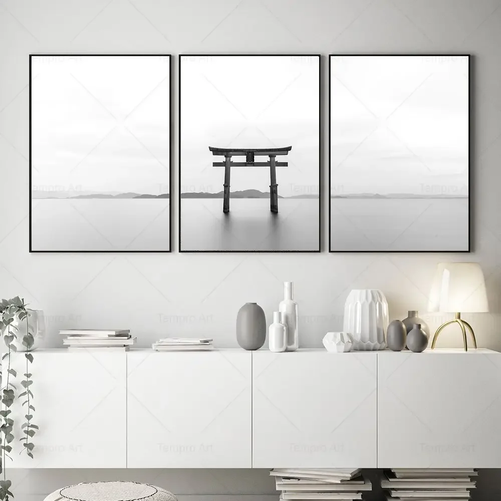 Torii Gate Canvas Painting Abstract Seascape Black White Poster Modern Landscape Prints Pictures Asian Japanese Room Home Decor