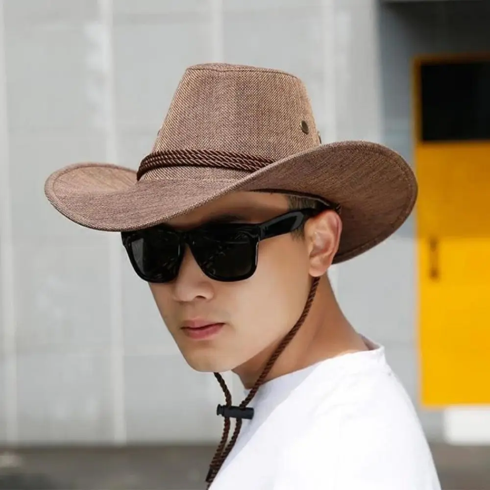 2023 New Linen Men Summer Sun Hats Solid Cool Western Cowboy Hat Outdoor Wide Brim Hat Male Riding Caps for Sun Protection