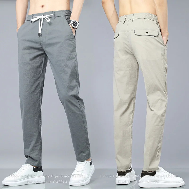 2026 New Summer Thin Slim Men's Casual Pants Breathable Quick Dry Elastic Waist Business Straight Lightweight Long Trousers Man