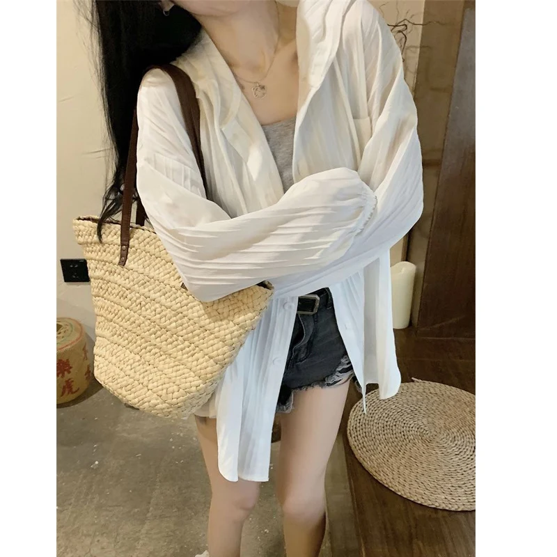 Summer New Hooded Thin Long Sleeved Shirt Tops Solid Color Loose All-match Cardigan Trend Korean Fashion Women Clothing