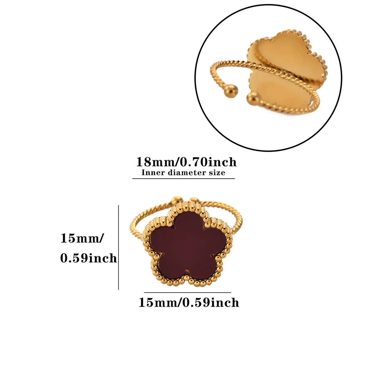 Vintage Emaille-Blumen-Offener Ring für Damen, Goldfarben, Edelstahl, Gedrehter Verstellbarer Manschettenring, Ästhetischer Boho-Schmuck, Geschenk – Detail 8