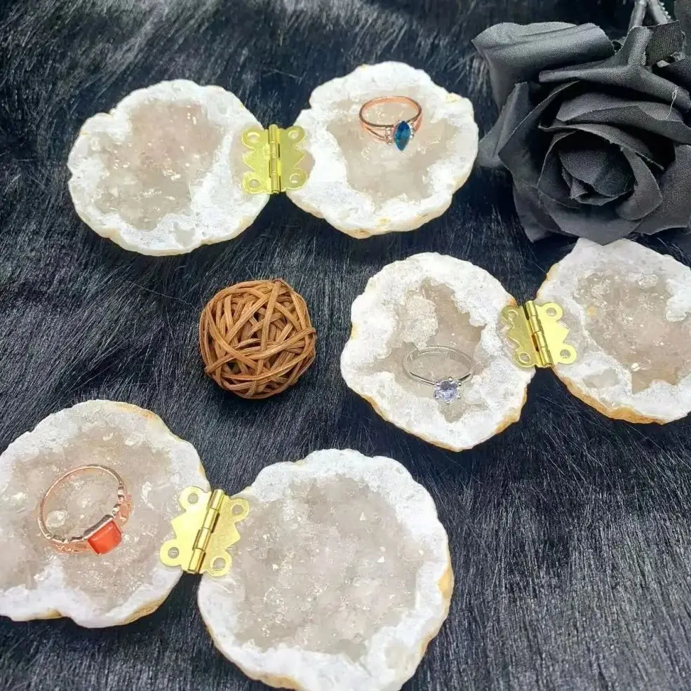 Natural Moroccan Agate Geode Ring Box Raw Crystals Stones Mineral Energy Healing Crystal Cluster Cave Collection Specimen Gift
