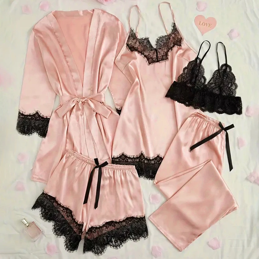 

Women's Satin Sleepwear Pajama Set Pink Sexy Lingerie Bath Robe Lace Patchwork Silk Night Dress Trousers Home Clothed Nightwear