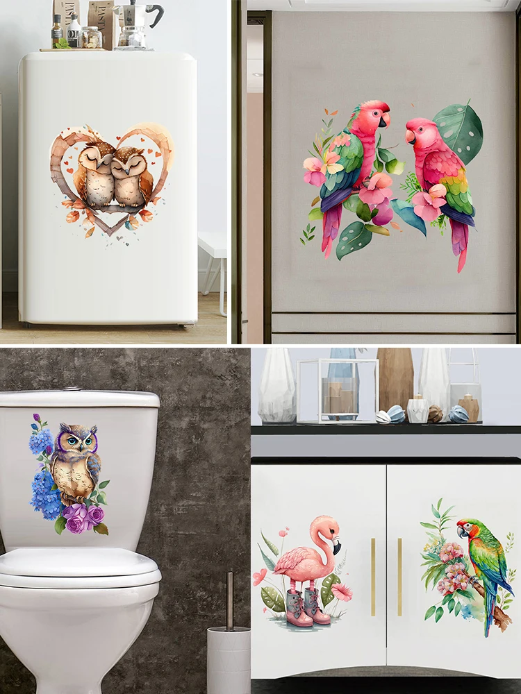 T303# Owl Parrots Birds Heron Floral Cartoon Animals Wall Sticker Bathroom Toilet Decor Living Room Cabinet Refrigerator Decals