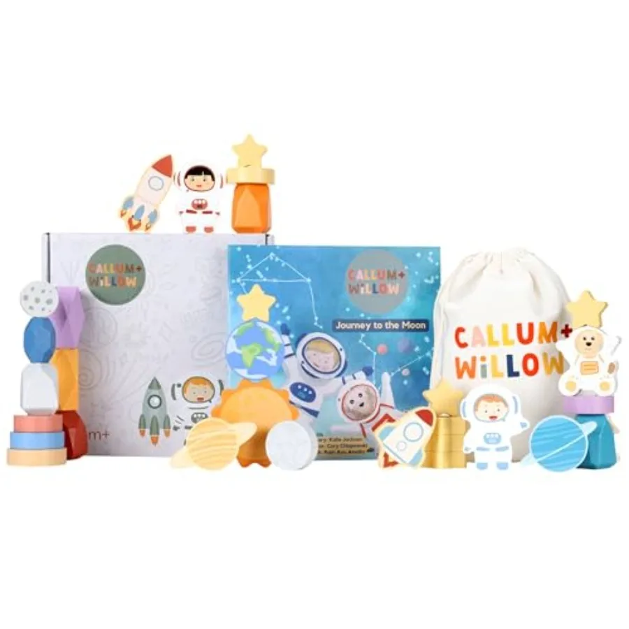 

Toddler 30 Piece Stacking Wood Blocks Space Gift - Montessori 2 Year Old Fine Motor Skills Toy Learning Stacking Shape Sorter S