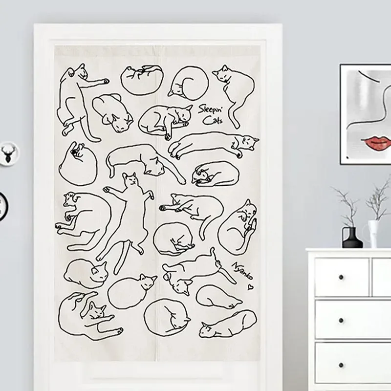 VIKAMA Minimalist Line-Art Door Curtain, Girl Hug Cat Print, Cozy Half-Curtain Room Divider for Bedroom Entrance Home Decor