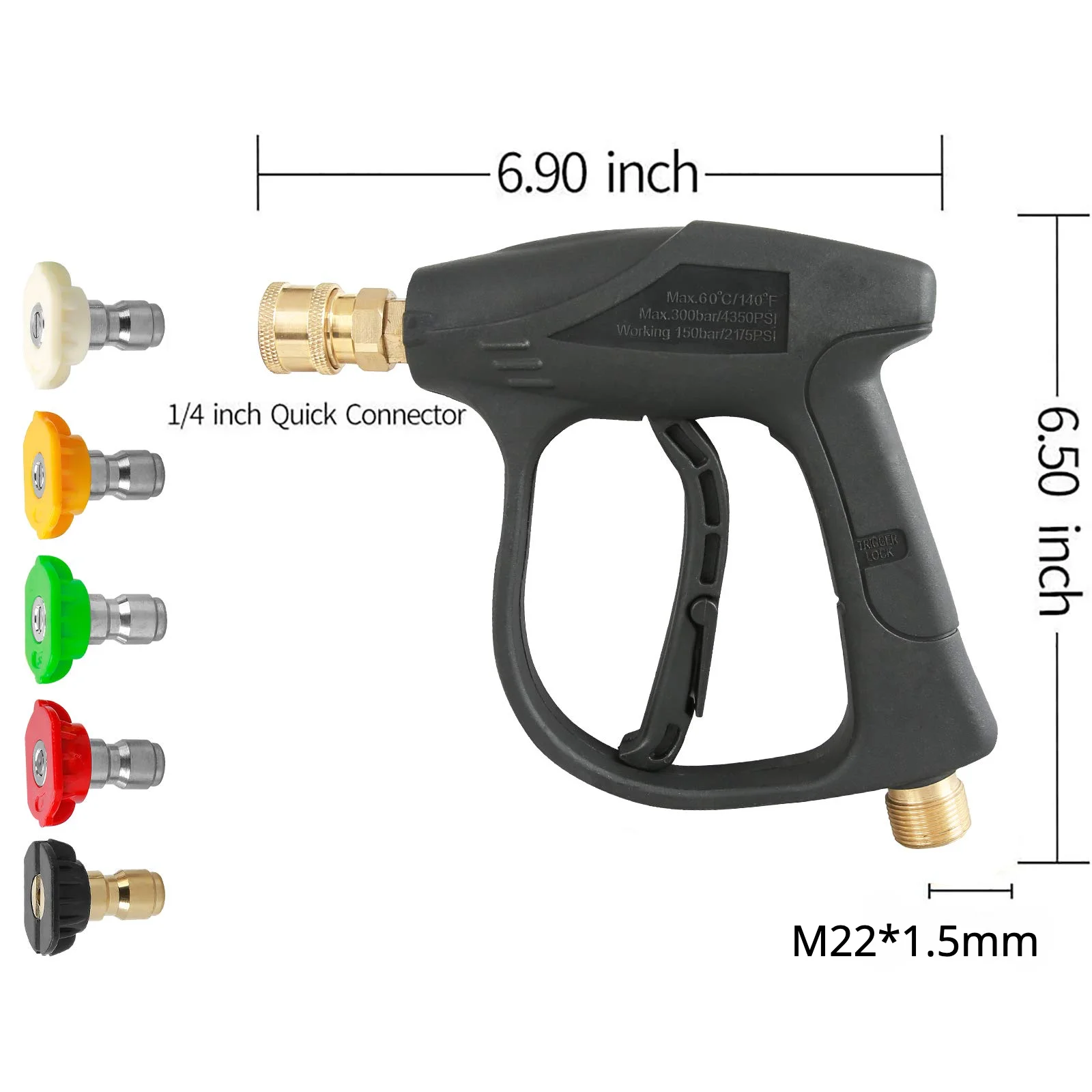 High Pressure Washer Gun 3000 PSI Max With 5 color Quick Connect Nozzles Brass Plastic Water Gun M22 Hose Connector For Car Wash