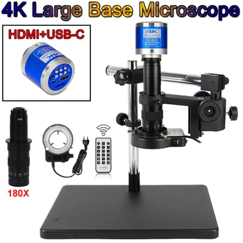 4K Feature HD Video Microscope 1-180X Continuous Force C-Mount Parfocal Lens Video Images Measurement Mobile Phone Fix Metallurgical Microscope with Rotation Holder