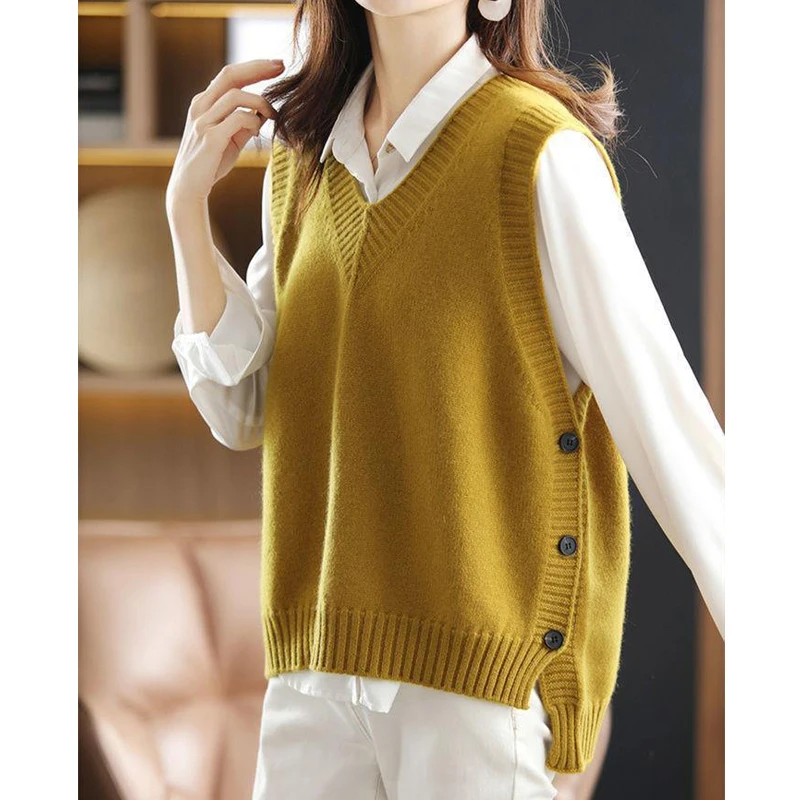 Spring Autumn Korean Fashion V-neck Loose Solid Sleeveless Knitted Sweater Vest Women Casual Pullover All Match Waistcoat Jumper