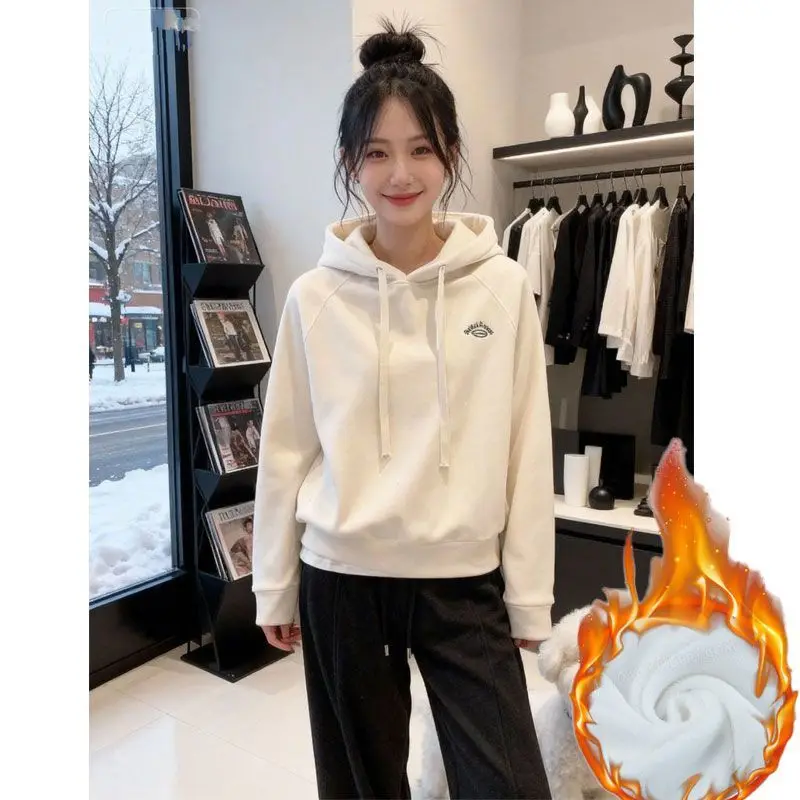 Sudadera con Capucha para Mujer, Otoño Invierno, Nueva, Forro Polar, Cálida, Bordada, Manga Larga, Talla Pequeña