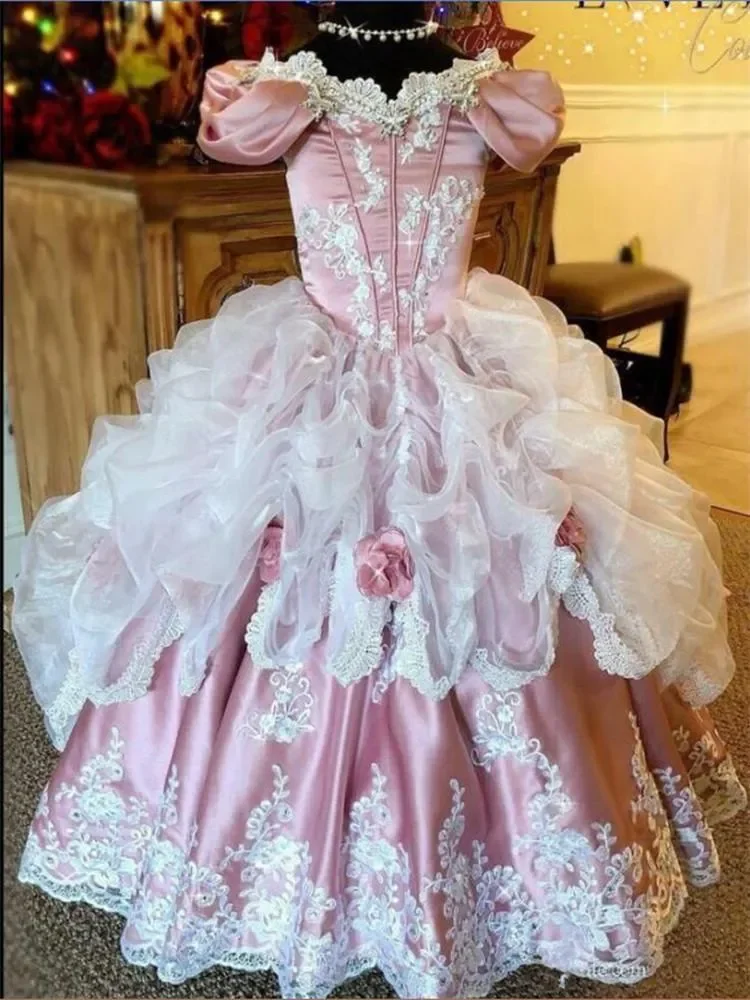 Lovely Pink Applique Lace Beading Flower Girl Dresses Princess Ball Gown First Communion Prom Fashion 2023