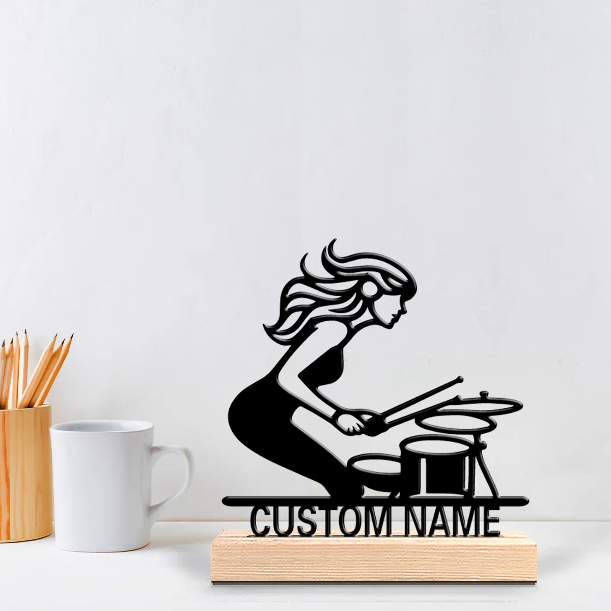 1pc Creative Beat the drum Custom Text  Tin Statue Metal Ornament Art Figurine With Wood Base Iron Ornament For Youth Gifts
