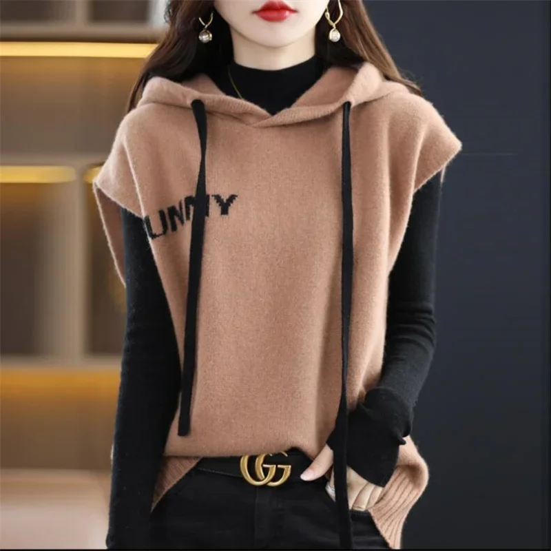 Hooded Sweater Knittingt Vest Women Vintage Casual Tops Loose Pullover Jumper Solid Waistcoat Spring Autumn Korean Y2k Clothing