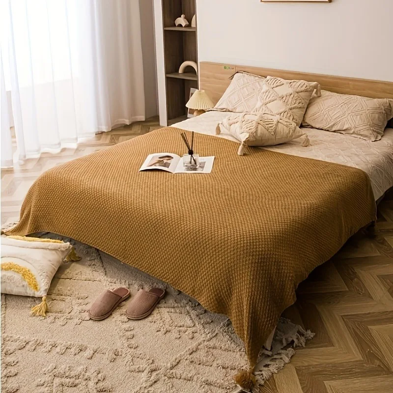

1pcs 110x150cm Office Home Bohemian Knitted Casual Simple Tassel Sofa Blanket Nap Shawl for Lunch Break & Daily Use