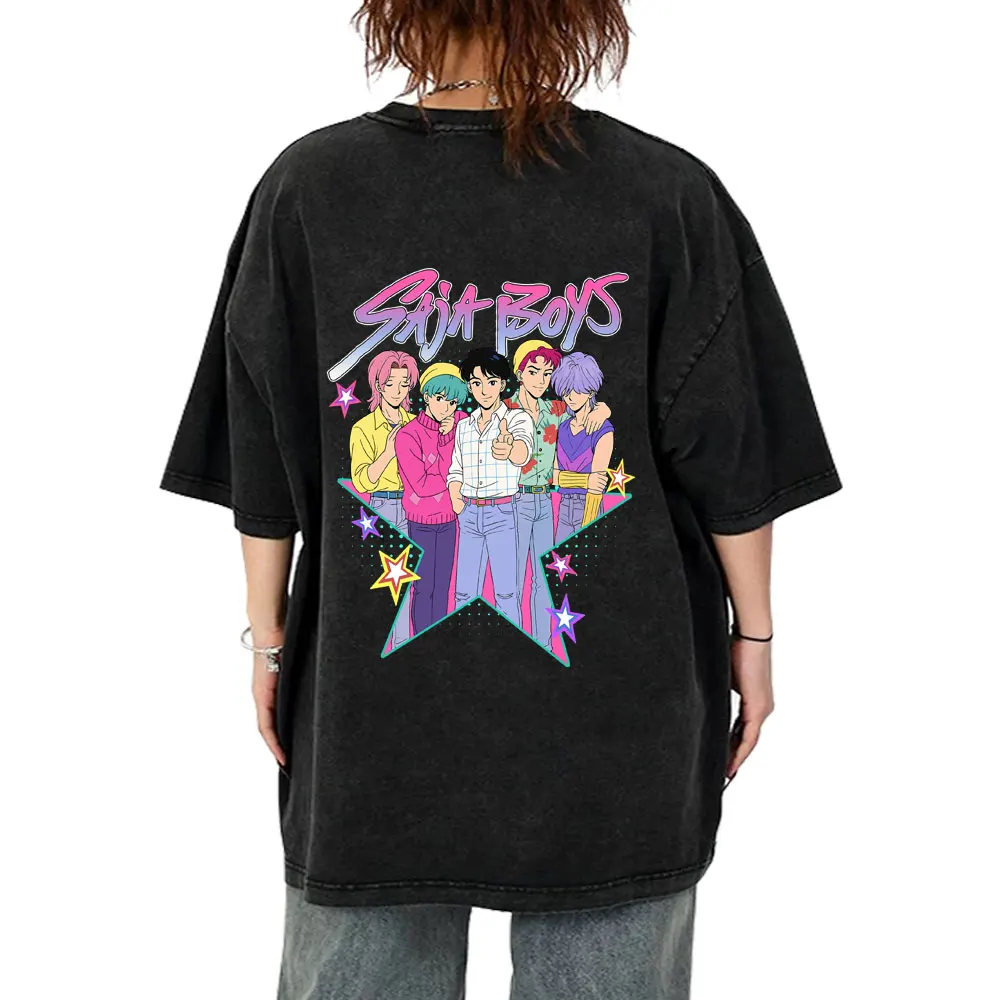 

Movie KPop Demon Hunters Saja Boys Washed Vintage T-shirt Summer Male Casual Cotton T Shirts Men Women Fashion Oversized Tshirt