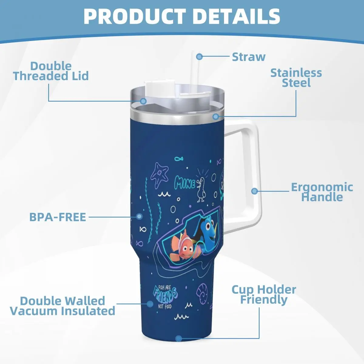 كوب أكواب نيمو من الفولاذ المقاوم للصدأ مع شفاطات للشاطئ وزجاجة مياه باردة وساخنة تحافظ على الحرارة أكواب حرارية ذات سعة كبيرة