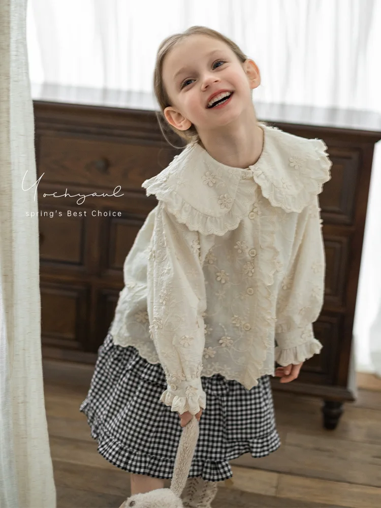 Girls Spring Set Sweet Cute Lapel Shirt Multi Layered Lace A-line Half Skirt Trendy